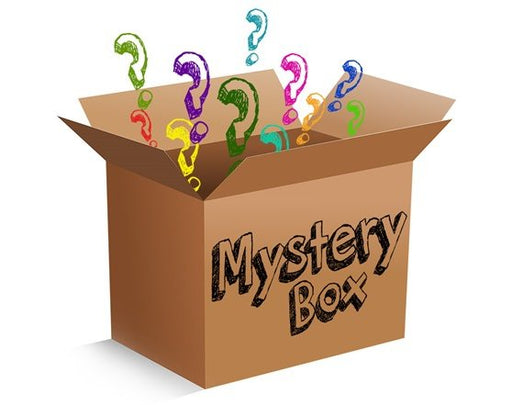 Cardboard box with label "Mystery Box" and colorful question marks flying out