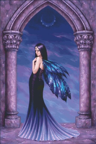 Cross stitch mockup of a fairy in a dark dress with shining wings standing in a purple stone archway