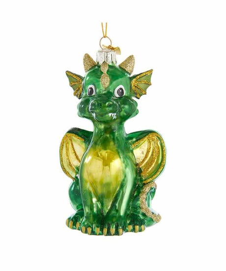 Glass ornament of green baby dragon with glittery accents