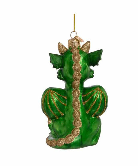 Glass ornament of green baby dragon with glittery accents, shown from back