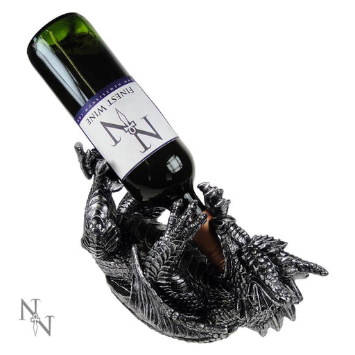 Dragon lying on its back to hold a bottle of wine, shown with example bottle