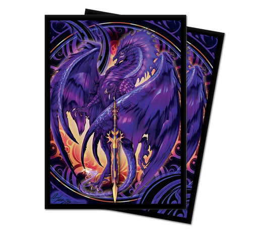 Purple dragon with a sword in front of black and orange background. Artwork by Ruth Thompson on these deck protector card sleeves