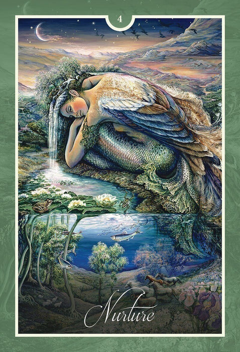 Card example - "Nurture" showing a mermaid curled up by a tide pool, her hair waterfalling to fill it and a night sky above
