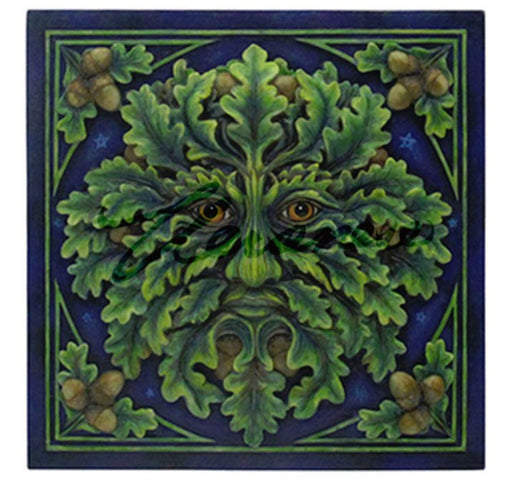 Greenman wall plaque. Face of green leaves with acorn accents