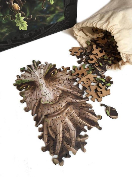 Wooden puzzle pieces for Oak King puzzle come in a keepsake bag