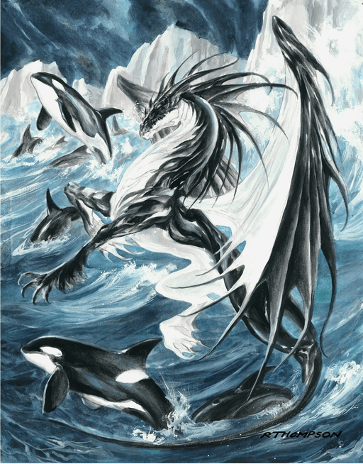 A pod of orca whales swims in the arctic sea with a black and white dragon. Art by Ruth Thompson