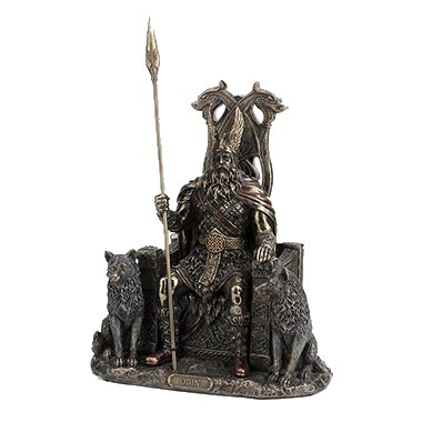 Norse god Odin sitting on a throne holding a spear. His wolves, Geri and Freki, sit to either side. done in bronze color