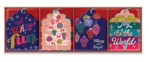 Colorful gift tags with decorations, Christmas trees, and festive text