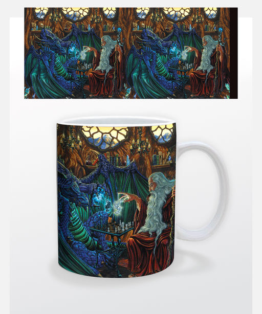Mug featuring a dragon and a wizard engaged in a game of chess. Wraparound design features the artwork of Ed Beard Jr