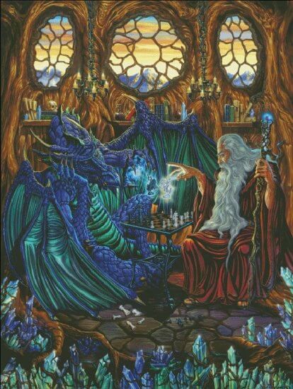 Blue dragon and wizard in red robes play a game of magical chess in a cavern of wood full of crystals