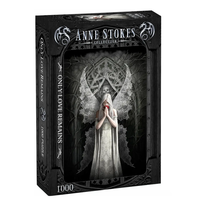 Only Love Remains jigsaw puzzle with 1000 pieces by Anne Stokes. Shown in black box, puzzle image is a winged woman in white standing in front of a Gothic archway, holding a red rose