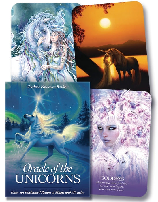 Oracle of the Unicorns deck and book by Cordelia Francesca Brabbs. Shows the box cover with a unicorn and the sub text "Enter an Enchanted Realm of Magic and Miracles". Shows three card art examples 