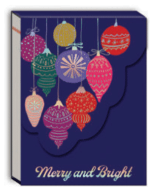 Pocket notepad with text of "Merry and Bright" and multicolored ornaments