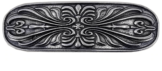 Metal hair clip barrette featuring a symmetrical art deco scroll design