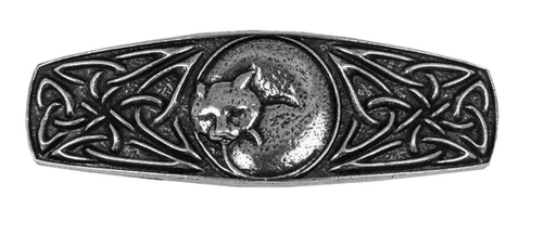 Metal cat barette hair clip. Sleeping curled up cat at the center with Celtic knotwork to either side