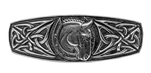 Metal barrette hair clip. Horse head in the center framed by a horseshow, and Celtic knotwork on either side