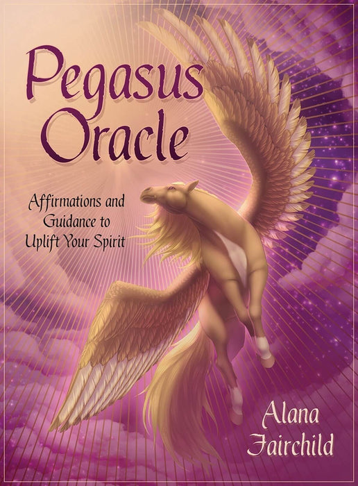 Pegasus Oracle front box art. Text reads "Affirmations and Guidance to Uplift Your Spirit" and art shows a tan pegasus against a purple and pink sky
