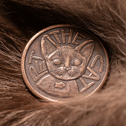 Decision Maker coin with a cat face and "Pet the Cat" on one side, copper