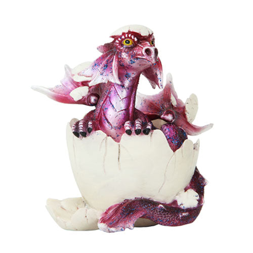 Pink dragon with blue speckles hatching out of a white egg