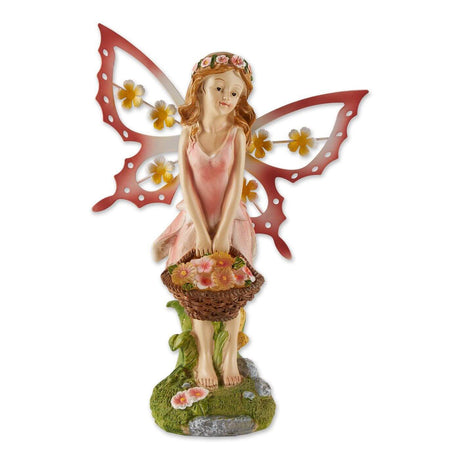 Fairy in a pink dress with basket of flowers that lights up at night. Pink wings with flower accents.