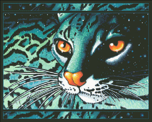 Cross stitch mockup of art by Myka Jelina. The artwork shows off a stunning teal and black big cat. Stars seem to glimmer in its fur, and the feline gazes out from golden orange eyes.