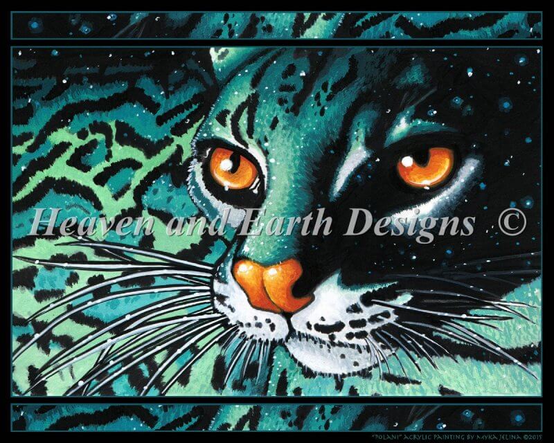 The artwork shows off a stunning teal and black big cat. Stars seem to glimmer in its fur, and the feline gazes out from golden orange eyes. Art by Myka Jelina