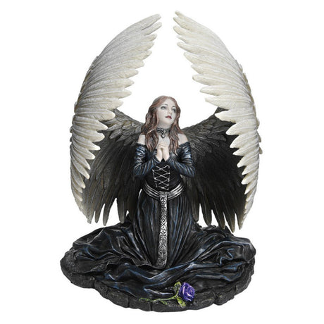 Figurine of a praying angel in black gown with white wings and purple rose