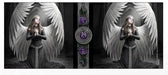 Detail of the full wraparound praying angel design and Anne Stokes logo with purple roses