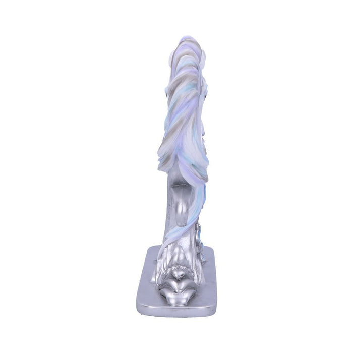Figurine with two unicorn busts facing one another, silver horns crossed. Unicorns are done in shades of white and pale silver, blue and purple. A light cyan heart gem and three oval blue gems adorn the front of the base. Side view