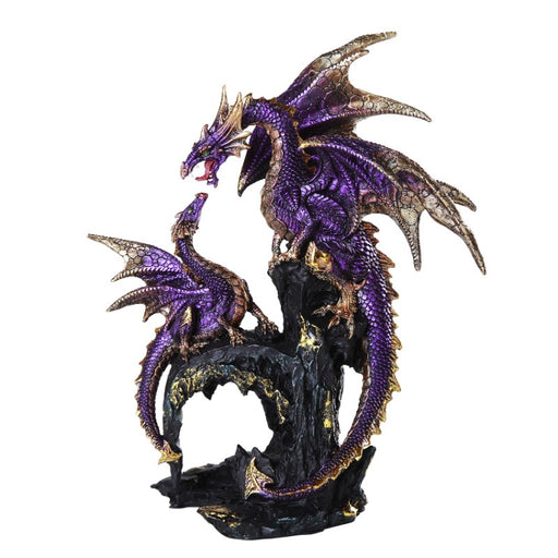 Dragon family figurine featuring a purple adult and baby dragon sitting on a black rock. Both dragons are accented in gold.