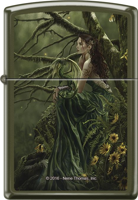 Zippo lighter with fantasy art. Woman in a green dress with a small emerald dragon on her arm. They sit in a mossy forest with yellow daisy flowers