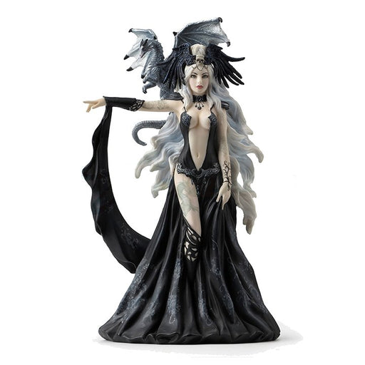 Sorceress queen with a black dress, black winged crown with skull at the center. She has white hair and a dragon perched on her shoulders.