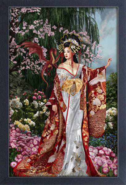 Framed art print by Nene Thomas, black haired geisha woman with small red dragon in cherry blossom flower garden