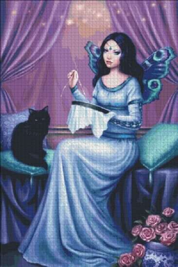 Cross stitch mockup of a fairy with butterfly wings sitting embroidering with a black cat and roses