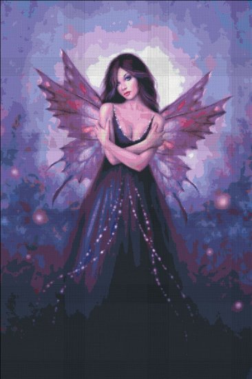 Cross stitch mockup of a fairy in purple with violet wings