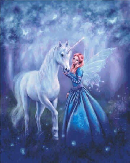 Cross stitch mockup of a unicorn and fairy in a magical blue setting