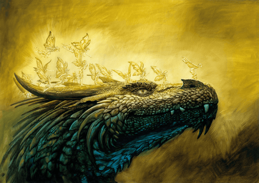 A dragon bathed in golden light with fairies playing on its head. Art by Ciruelo