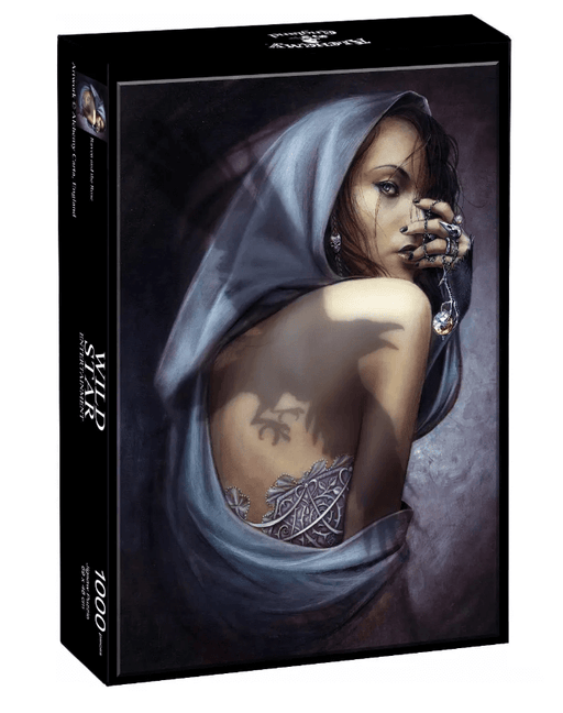 1000 piece Alchemy of England jigsaw puzzle featuring a cloaked, mysterious woman with the shadow of a raven upon her