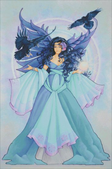 Cross stitch pattern featuring a fairy in blue with two ravens