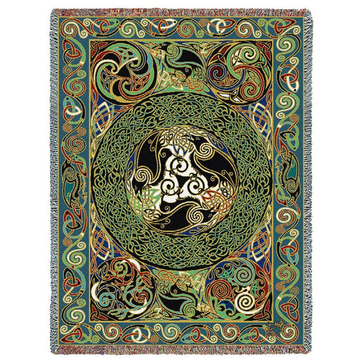 Tapestry blanket featuring a raven design with lots of Celtic knotwork swirling patterns. Done in greens, browns, white and black with a touch of teal and blue
