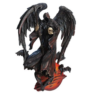 Wall hanging of grim reaper holding skull and scythe above a blood moon