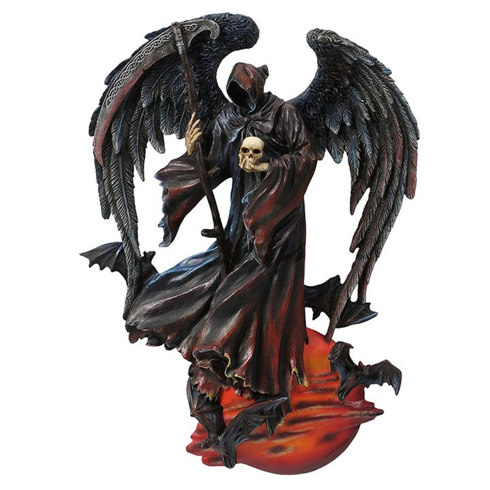 Wall hanging of grim reaper holding skull and scythe above a blood moon