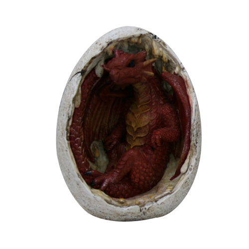 Red dragon hatchling curled up in the eggshell