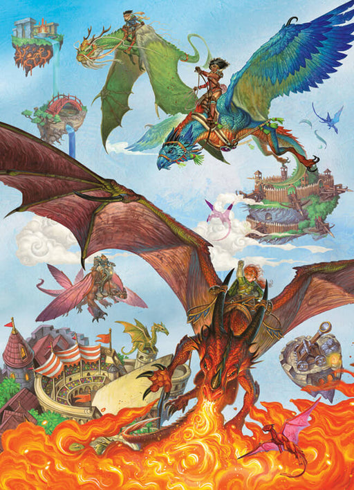 Jigsaw puzzle artwork featuring a variety of different kinds of dragons and their riders, flying in a race through floating islands. The front one blows fire from his mouth.