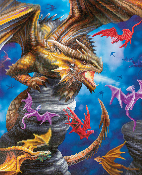 Crystal Art finished piece featuring dragons in many sizes and colors, art by Anne Stokes