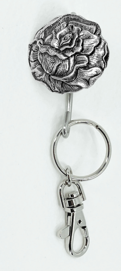 Pewter rose hook with key ring to keep keys organized in a purse