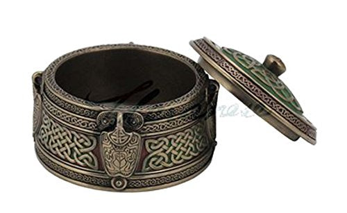 View of Celtic knotwork trinket box with the lid open. Round box reveals space to hold items