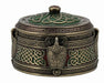 Side view of Celtic trinket box. Dark red and green with bronze-gold knotwork 