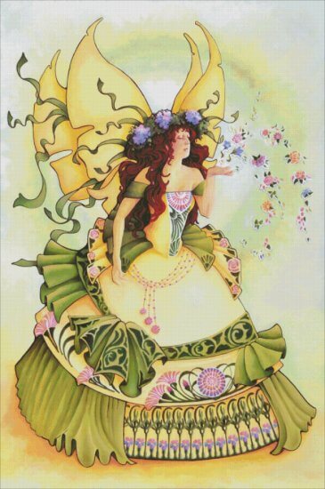 Fairy in yellow and green spreading flowers. "Scatter Sunshine" by Teri Rosario