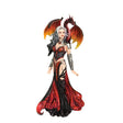 A sorceress in red and black stands, her hair white ombre to black. On her shoulder is a fiery dragon in shades of crimson and orange